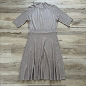 Magaschoni 5% Cashmere Blend Taupe Knit Sweater Midi Dress with Mock Neck